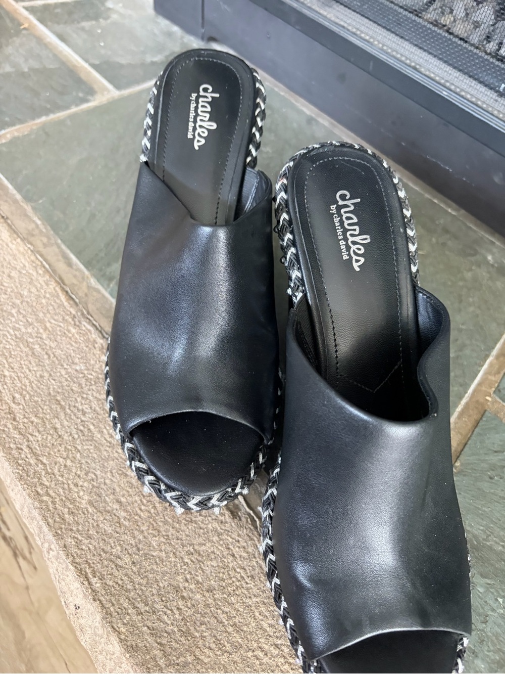 Charles By Charles David Black Open-Toe Braided Platform Wedge Mules - Picture 2 of 5